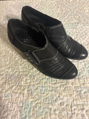 Caprice Black German Leather Ankle Heeled Bootie with buckle detail